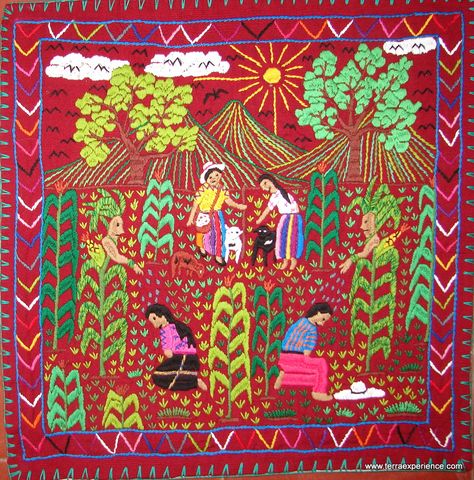 Rocio de la Milpa (Sprinkling of the Milpa) Mexican Textiles Fabrics, Guatemala Embroidery, Hispanic Aesthetic, Crewel Embroidery Patterns, Guatemalan Textiles, Latino Art, Mexican Textiles, Ombre Fabric, Mexican Embroidery