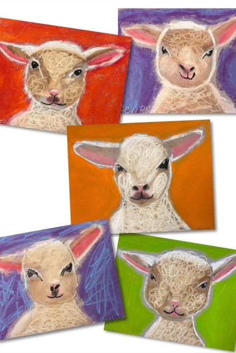 Five drawings of lamb faces with different color backgrounds. The art was creating using chalk pastels. Chalk Pastel Art For Kids, Cute Lambs, Homeschool Art Projects, Winter Art Lesson, Chalk Pastel Art, Animal Art Projects, 2nd Grade Art, Fall Art Projects, Sunday School Crafts For Kids