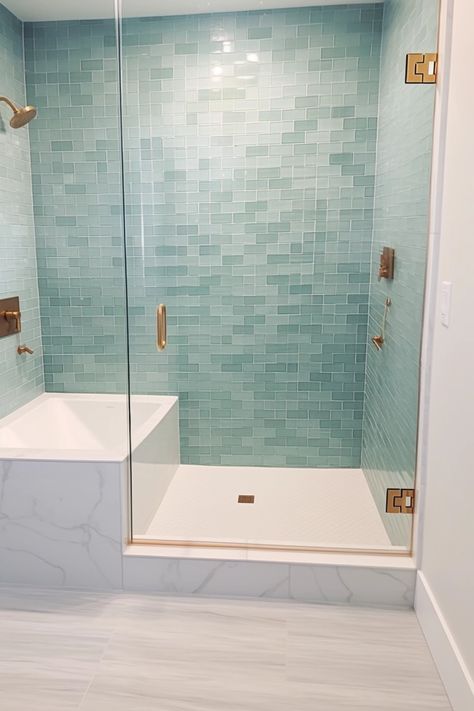 Non Glass Shower Ideas, Seaglass Shower Tile, Bathroom Tile Coastal, Beachy Bathroom Tile, Seaglass Tiles Bathroom, Coastal Bathroom Remodel Ideas, Aquamarine Bathroom Ideas, Beachy Shower Tile Ideas, Colorful Shower Tile Ideas