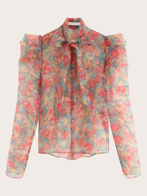 Floral Print Tie Neck Organza Blouse Check out this Floral Print Tie Neck Organza Blouse on Shein and explore more to meet your fashion needs! Organza Shirts For Women, Organza Tops, Printed Organza, Leg Of Mutton Sleeve, Organza Shirt, Organza Blouse, Organza Top, Women Blouses Fashion, Blouse Sale