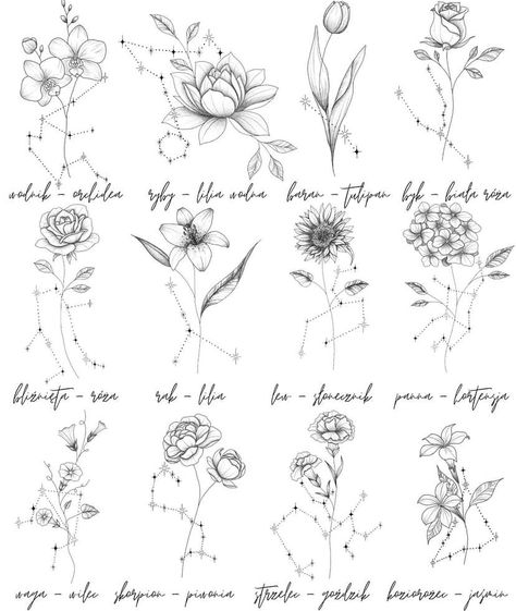 Birth Flower Constellation Tattoos, Birth Flower Constellation Tattoo, Birth Month Flower And Constellation Tattoos, Leo Birth Flower Tattoo, Zodiac Tattoos Pisces, Pisces Star Constellation, Constellation Lion, Chrysanthemum Flower Tattoo, Pisces Constellation Tattoo