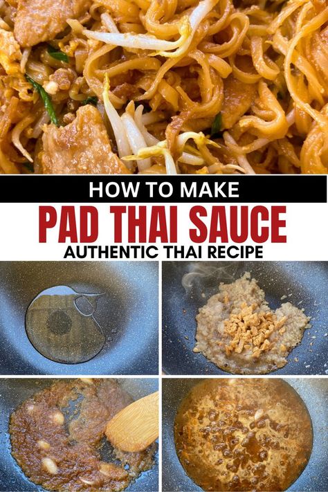 Close-up of chicken pad Thai and step-by-step instructions. Pad Thai Sauce Recipe Easy, Pad Thai Sauce Recipe, Thai Sauce Recipe, Cabbage Steaks Recipe, Thai Recipes Authentic, Coleslaw Recipe Easy, Pad Thai Sauce, Thai Sauce, Thai Recipe