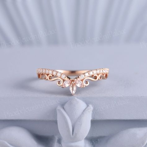 Natural Morganite Curved Wedding Band Marquise Rose Gold Diamond Band Vintage Wedding Band Moissanite Stacking Matching Chevron Band Custom PRODUCT SUMMARY Metal Type: yellow, white or rose solid 10K/14K or 18k gold. Size: All sizes are available, contact me if they do not contain the size you want in the drop-down menu. ☪☪Wedding band ⚜Stone - Natural Morganite Cut - Marquise  Weight - 0.14ct Color - Light Pink ⚜Stone - Moissanite or natural diamond Cut - Round Weight - 0.18ct  Clarity - SI-VS Wedding Ring Goals, Morganite Wedding Band, Wedding Band Marquise, Rose Gold Diamond Band, Stacked Wedding Bands, Cute Engagement Rings, Gold Diamond Band, Rose Gold Accents, Vintage Wedding Band