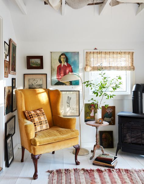 Styled by Raina Kattelson photo David Land Country Living Magazine. Yellow Chair Living Room, Stylist Lifestyle, Wingback Chair Living Room, Designs For Bedrooms, 1800s Home, Renovated Farmhouse, Reading Nook Ideas, Comfy Reading Chair, Wingback Chairs