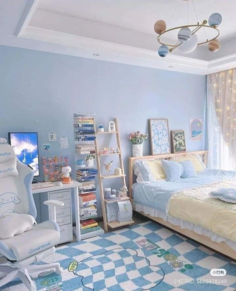 Blue Aesthetic Room Ideas, Aesthetic Room Decor Blue, Room Ideas Tapestry, Blue Aesthetic Room Decor, Blue Teen Bedrooms, Blue Room Aesthetic, Blue Aesthetic Room, Blue Room Inspiration, Korean Bedroom Ideas