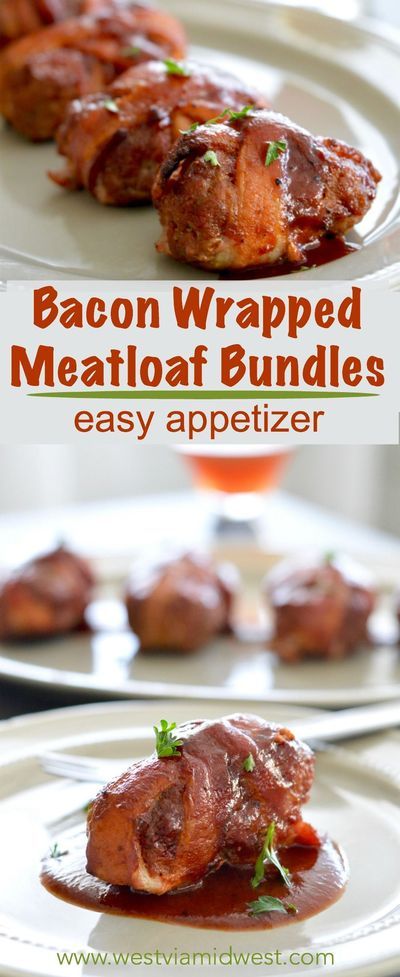 Hearty bacon Meatloaf Appetizer Bundles: Crispy bacon wrapped around meatloaf bundles, brushed with bbq sauce for a filling and comfort food appetizer! Ideal for the holiday party season because they are filling and delicious! www.westviamidwest.com via Meatloaf Appetizer, Meatloaf Patties, Comfort Food Appetizers, Meatball Appetizers, Easy Dip Recipes, Bacon Wrapped Appetizers, Bacon Meatloaf, Party Food Easy, Bacon Wrapped Meatloaf