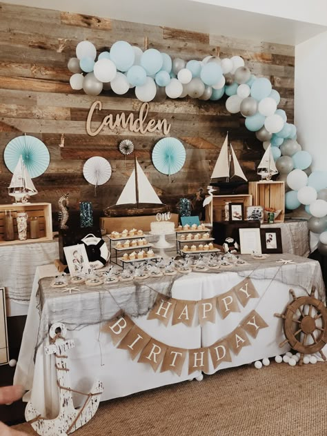 Nautical Boy Baby Shower Ideas, Sailboat Birthday Party, Baby Shower Nautical Theme Boy, Sailing Into One Birthday, Nautical 1st Birthday Boy, Nautical First Birthday Boy, Nautical Birthday Decorations, Sailboat Birthday, Nautical First Birthday