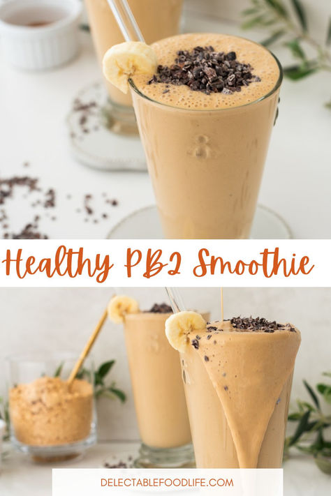 Peanut Butter PB2 Powder Smoothie with jar of PB2 Powder Healthy Pb2 Smoothie, Best Peanut Butter Smoothie Recipes, Greek Yogurt Peanut Butter Smoothie, Banana Protein Smoothie Recipe, Pb And Banana Smoothie, Healthy Peanut Butter Milkshake, Healthy Pb Fit Recipes, Pb2 Smoothie Healthy, Pb&j Protein Shake