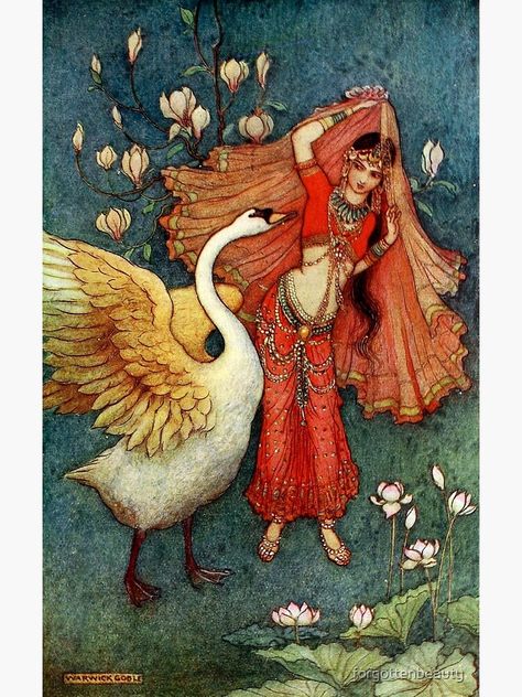 "Damayanti and the Swan - Warwick Goble" Metal Print by forgottenbeauty | Redbubble Warwick Goble, Edmund Dulac, Arthur Rackham, Classic Fairy Tales, Fairytale Illustration, Images Vintage, Fairytale Art, Illustration Vintage, Art Et Illustration