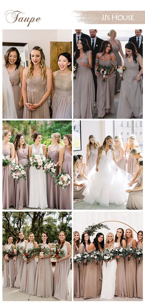 You can't go wrong with a neutral tone like taupe. This color will make your bridesmaids and your bridal party look chic and trendy. This color works with just about any color palettes, and any seasons. Make your bridesmaid look dynamic, romantic and, stylish with mix and match taupe dresses.  #JJsHouse #jjshouseofficial #TaupeBridesmaidDress #WeddingInspiration #BirdesmaidInspiration #WinterWedding #FallWedding #SpringWedding #SummerWedding #Taupe Taupe Velvet Bridesmaid Dresses, Greige Bridesmaid Dresses, Warm Taupe Wedding Colors, Taupe Bridal Party, Taupe Wedding Colors, Trendy Bridesmaid Dresses, Taupe Dresses, Bridesmaid Color Palette, Taupe Color Palettes