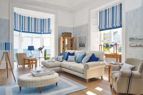 Laura Ashley | Tongue and Groove Seaspray Wallpaper Modern Coastal Interior Design, Coastal Style Living Room, Modern Beach House Decor, Beach Interior Design, Styl Hampton, Coastal Dining Room, Coastal Interiors Design, Beach House Interior, Coastal Living Room