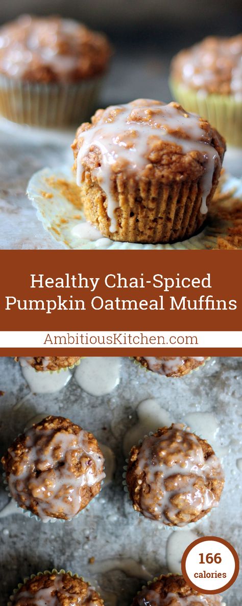 Healthy Chai-Spiced Pumpkin Oatmeal Muffins with a lovely cream cheese vanilla bean glaze! Pumpkin Cardamom Muffins, White Bean Muffins, Healthy Pumpkin Oatmeal Muffins, Best New Recipes, Vanilla Bean Cream, Pumpkin Oatmeal Muffins, Ambitious Kitchen, Cream Cheese Glaze, Pumpkin Chai