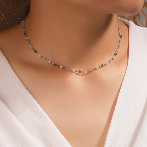 Simple Colorful Beads Choker Necklace Clavicle Chain Dainty - Temu Kalung Choker, Boho Choker Necklace, Teal Necklace, Elegant Choker, Summer Beach Jewelry, Boho Choker, Fashion Jewelry Sets, Trendy Necklaces, Chain Choker Necklace