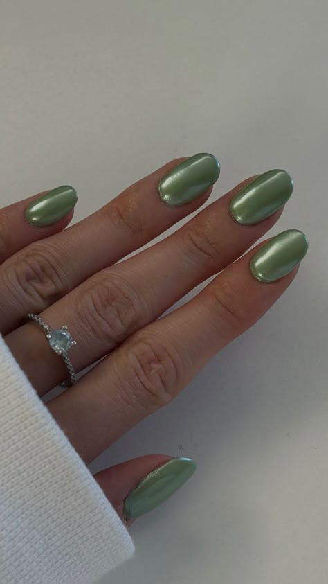 Chrome green nails | fall nails inspo 2023 Green Opal Nails, Macha Nails, Green Shiny Nails, Sage Chrome Nails, Shiny Green Nails, Olive Chrome Nails, Emerald Chrome Nails, Sage Green Chrome Nails, Light Green Chrome Nails