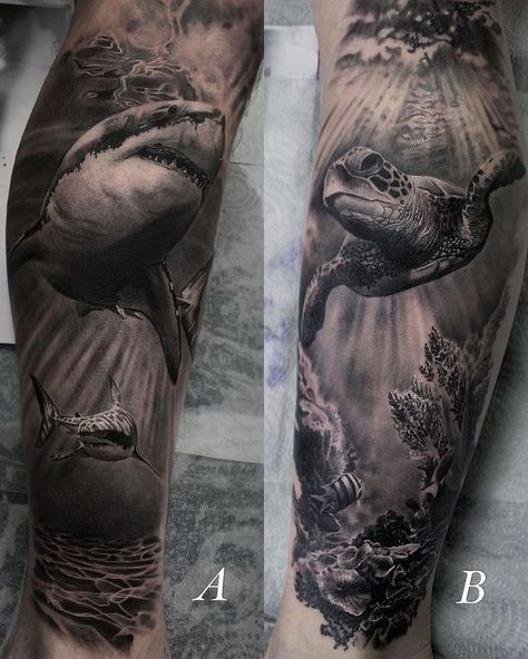 Black And Grey Underwater Tattoo, Jungle Theme Tattoo Sleeve For Women, Deep Sea Tattoo Ideas, Jellyfish Tattoo Arm, Ocean Creatures Tattoo, Underwater Tattoo Sleeve, Water Themed Tattoos, Lower Leg Tattoos For Men, Underwater Sleeve