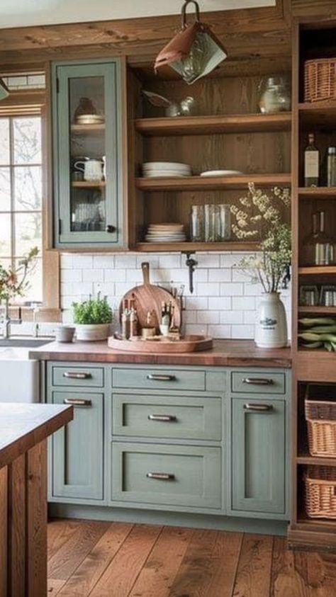 Earthy Kitchen Wallpaper, Kitchen Cabinet With Wood Countertop, Dream Green Kitchen, Blue Green House Interior, Old Fashioned Kitchen Aesthetic, Green Farmhouse Kitchen Cabinets, Dining Room Cottage Style, Woodsy Kitchen Ideas, Green Beadboard Kitchen