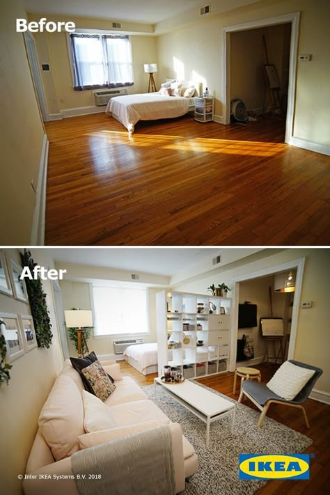 HOME & GARDEN: 33 idées pour mettre un lit dans son salon 225 Sq Ft Studio, Nyc Studio Apartment Layout, 500 Sq Ft Studio Apartment Ideas, Mini Studio Apartment Ideas, Apt Layout, Studio Apartment Decor, Apartment Layouts, Reka Bentuk Bilik Tidur, Apartemen Studio