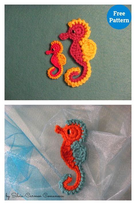 Seahorse Applique Free Crochet Pattern Applique Crochet Patterns, Amigurumi Beginner, Crochet Appliqué, Crochet Applique Patterns Free, Crochet Embellishments, Crochet Fish, Granny Square Crochet Patterns Free, Sea Horse, Applique Pattern