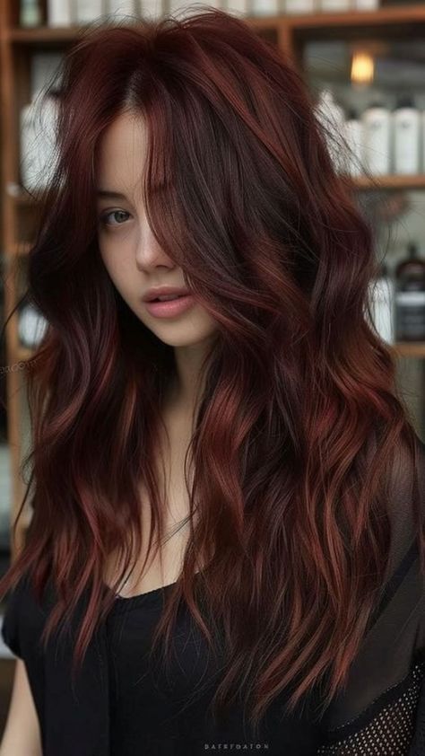 40+ Fall Hair Trends We’re Absolutely Loving for 2024 | HubPages Dark Red Dimensional Hair Color, Velvet Red Hair Color, Light Hair Colors Ideas, Dark Red Velvet Hair, All Over Color Ideas For Brunettes, Dark Red Hair Brown Eyes, Velvet Hair Color, Velvet Red Hair, Red Velvet Hair Color