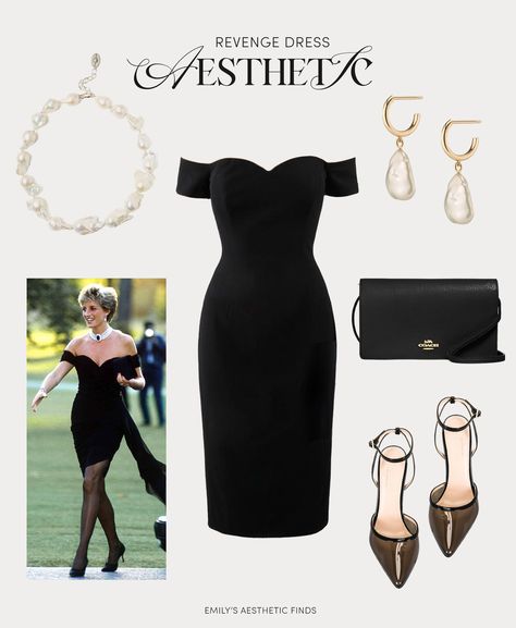 Princess Diana revenge dress aesthetic. Shop the look on LTK here: https://liketk.it/4i2bP princess diana aesthetic, revenge dress, little black dress, lbd, princess diana style, freshwater pearl necklace, pearl drop earrings, off the shoulder dress, sweetheart neckline, bodycon dress, sheer heels, black heels, black clutch, coach clutch, wedding guest outfit, little black dress outfit inspo #ad #fashioninspo #weddingguestoutfit #princessdianastyle #lbd Princess Diana Revenge Dress Aesthetic, Black Prom Dress With Pearl Necklace, Revenge Dresses Outfits, Black Dress Pearl Necklace Outfit, Princess Diana Black Dress, Black Dress Pearl Necklace, Black Dress Jewelry Ideas, Diana Black Dress, Black Dress With Pearls Necklace