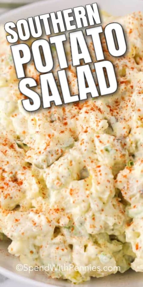 This southern style potato salad is made with potatoes, eggs, mayo & mustard mixed with sugar, vinegar, and spices. The whole family will love this creamy, comforting dish! #spendwithpennies #southernpotatosalad #sidedish #withegg #potatosalad Southern Style Potato Salad, Southern Potato Salad, Potato Salad Recipe Easy, Recipe Potato, Bbq Side, Potato Salad Recipe, Dill Pickles, Potato Recipe, Comfort Dishes