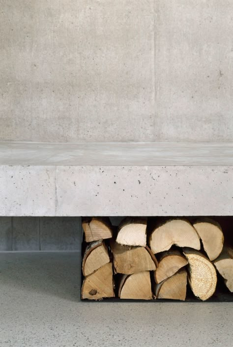 Christine Remensperger, aqui architekturfotografie · Haus B · Divisare Concrete Bench, Concrete Fireplace, Home Fireplace, Minimalism Interior, Into The Woods, Brick And Stone, Fireplace Design, Wood Storage, Interior Furniture