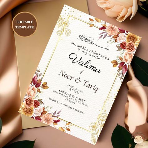 5x7 in. Floral and Gold Valima Invitation, Editable Template, Digital Download!! Head over to Etsy to purchase! @FullahPrints Logo Design Mockup, Islamic Wedding, Invitation Floral, Digital Invite, Invite Template, Floral Invitation, Paper Template, Wedding Invitation Cards, Print Templates