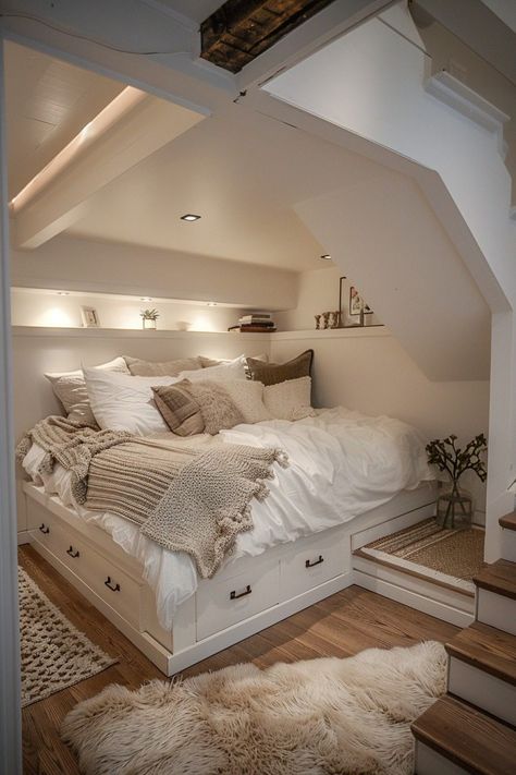 One Person Bed Ideas, Built In Bed Frame, Tiny Bedroom Decor Ideas, Tiny Bedroom Decor, Small Attic Bedroom Ideas, Bunk Loft, Loft Bedroom, Small Loft, Ibiza Style