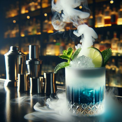 "Antarctic Frost", An electrifying, tangy cocktail with a chilling dry ice effect, a cocktail created by artificial intelligence. Dry Ice Cocktails, Cocktails With Blue Curacao, Vodka Blue, Easy Summer Cocktail Recipes, Mint Cocktails, Spring Cocktails Recipes, Low Calorie Cocktails, Easy Summer Cocktails, Keto Cocktails