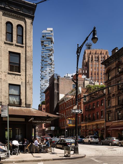 herzog & de meuron's 56 leonard 'jenga tower' in new york Buildings Aesthetic, Jenga Tower, Arch Photo, Photo New York, Essex Street, Sun Deck, Nyc Living, Skyscraper Architecture, Downtown New York