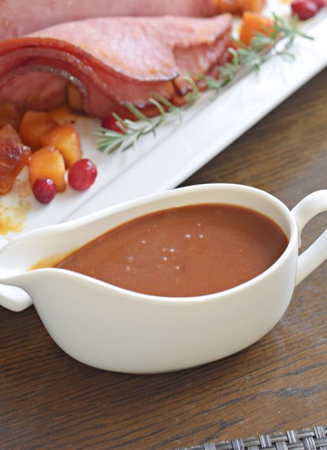 This ham gravy is rich and creamy. With only four ingredients flour, butter, ham drippings and water, it couldn't be easier to make.  Serve it over potatoes for a delicious holiday dinner. Ham Gravy From Drippings, Ham Gravy Recipe, Gravy From Drippings, Flour Gravy, Easy Homemade Gravy, Ham Gravy, Homemade Chicken Gravy, Roux Recipe, Homemade Cream Corn