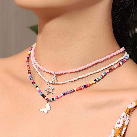 Beach Costume, Layered Beaded Necklaces, Diy Beaded Rings, Choker Chain, Necklace Colorful, Beaded Necklace Diy, Pendant Choker, Star Chain, Beaded Jewelry Designs