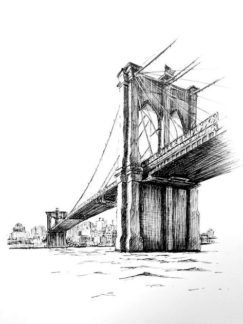 A pen sketch of Brooklyn Bridge New York Micron Pen Art, Bridge Drawing, Cityscape Drawing, Architecture Drawing Sketchbooks, Building Sketch, Architecture Sketchbook, Pen Art Drawings, City Drawing, Perspective Art