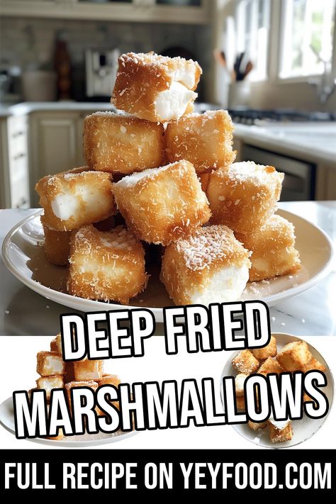 Deep Fried Marshmallows Dehydrated Marshmallows In Air Fryer, Fried Foods Recipe, Air Fry Dessert Recipes, Fried Smores Balls, Air Fryer Marshmallow, Deep Fried Food Ideas, Deep Fried Marshmallows, Deep Fried Food Recipes, Fried Marshmallows