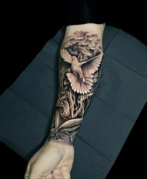 Dove Tattoo Design For Men, Religous Tattoo, Half Sleeve Tattoo Stencils, Dove Tattoos, Heaven Tattoos, Mens Lion Tattoo, Dove Tattoo, Men Tattoos Arm Sleeve, Forarm Tattoos