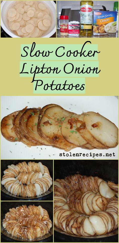 This is a super easy to make side dish. Thinly sliced potatoes are placed in a slow cooker in a spiral pattern. Then garlic powder, pepper and a packet of Lipton onion soup mix is sprinkled on top of the potatoes. Next some olive oil is drizzled on top before covering and cooking for 4 hours. Another great recipe using Lipton soup mix! Lipton Onion Potatoes, Lipton Onion Soup Recipes, Onion Soup Potatoes, Onion Soup Mix Recipe, Onion Potatoes, Lipton Soup, Slow Cooker Potatoes, Crock Pot Potatoes, Lipton Onion Soup Mix