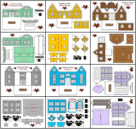 Christmas Village Houses Patterns, Christmas Village Paper Houses, Paper Christmas Houses Templates, Printable Christmas Village Houses, Paper Christmas Village Template, Miniature Christmas Crafts, Christmas Village Templates Free, Paper Village Template Free Printable, Mini Village Christmas