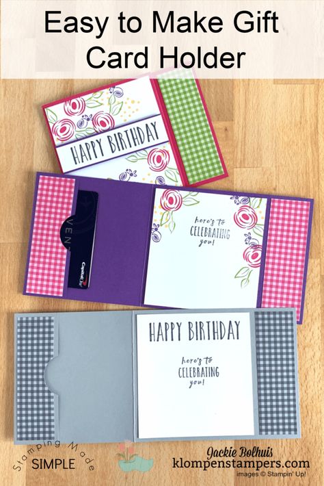 This DIY gift card holder is easy to make and perfect for many occasions. Need a unique way to give money or gift cards? This project is perfect. Check it out at www.klompenstampers.com #diygiftcardholder #giftcardholder #birthdaygiftcardholder #cardmaking #giftideas #craftfairideastosell #klompenstampers #jackiebolhuis Card For Gift Cards, Diy Tags For Gifts, Stampin Up Money Holder, Cute Ways To Give Gift Cards, Money Card Ideas, Gift Card Holders To Make, Diy Gift Card Holder Ideas, Gift Card Cards, Card Holder Diy