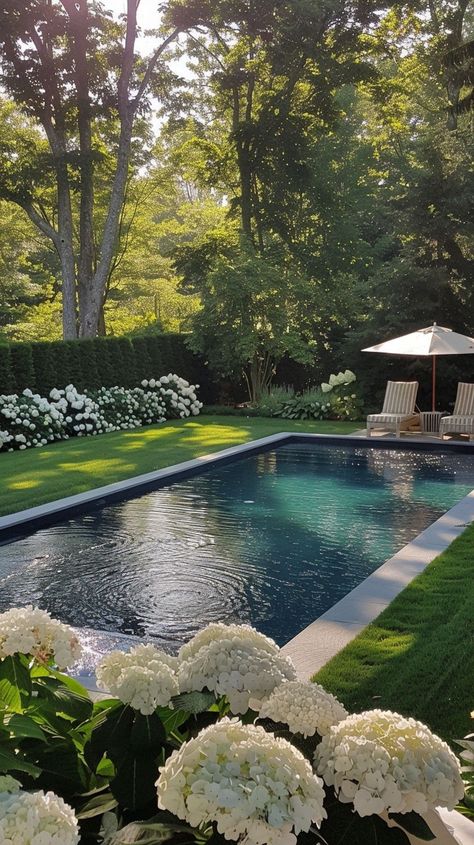 Colonial Pool Design, Cool Pools Backyard Dream Homes, Backyard Landscaping And Pool, Traditional Backyard Ideas, Pool And Garden Backyard, Cottage Backyard With Pool, European Backyard With Pool, Pool English Garden, Plung Pools Ideas