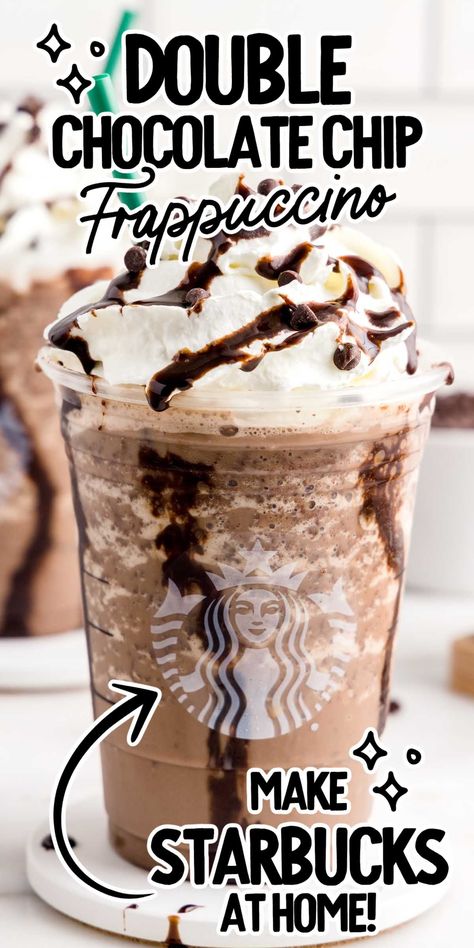 Our copycat double chocolate chip frappuccino is the ultimate creamy, refreshing, and decadent drink to make at home. Copycat Starbucks Double Chocolate Chip Frappuccino, Double Chocolate Frappuccino, How To Make Double Chocolate Chip Frappe, How To Make A Double Chocolate Chip Frap, Starbucks Frappuccino Recipe No Coffee, Starbucks Recipes Chocolate Chip Frap, Mocha Chip Frappuccino, Double Chocolate Chip Creme Frappuccino, Double Chocolate Chip Frappuccino Recipe