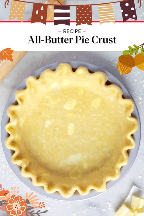 This flaky, tender, simple pie crust relies on butter for both its flakiness and wonderful flavor. Pair it with apple pie, mixed berry pie, or really any of your favorite pie fillings. (There's not much that butter doesn't make better!) This all-butter pie dough is a back-pocket recipe you'll want to pull out again and again. Easy Butter Pie Crust, Easy Peach Cobbler Recipe Pie Crust, Pie Crust Using Butter, Easy All Butter Flaky Pie Crust, Simple Pie Crust Recipe Butter, Recipe For Pie Crust Using Butter, Apple Pie Crust Designs, Pie Crust Butter Only, Pie Crust Recipe Butter