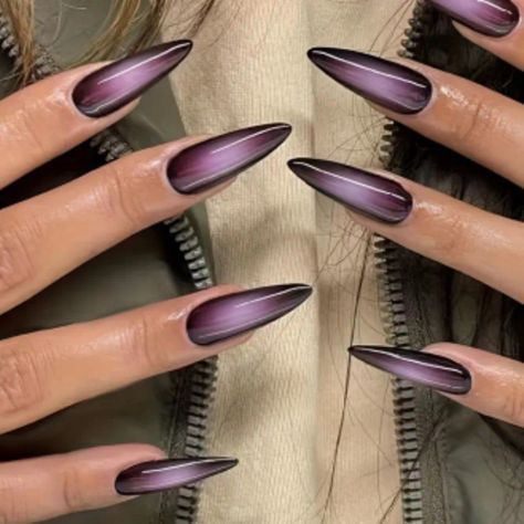 24 Count Press On Nails Gradient Purple/ Black Long Almond Shaped Includes Jelly Glue And Nail File New Almond Manicure, Nails 2025, Nails Goth, Black Ombre Nails, Nails Grunge, 2025 Trends, Trends Nails, Aura Nails, Unghie Sfumate