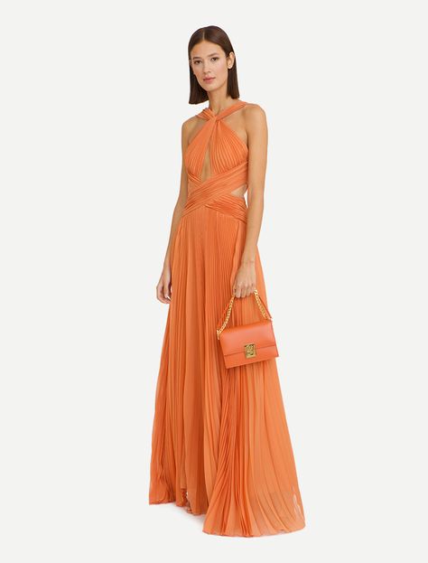 Chiffon Long Dress - Dresses - Zuhair Murad Wedding Guest Dress Gown, Elegant Wedding Guest Dress Summer, Orange Evening Gown, Flowy Formal Dress, Guest Wedding Dress, Orange Gown, Sunset Dress, Pleated Chiffon Dress, Maxi Party Dress