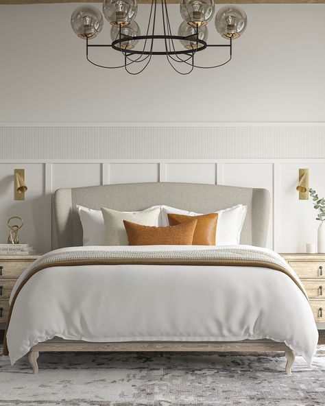 Winged Headboard, Cabriole Legs, Weathered Oak, Understated Elegance, Rustic Charm, Upholstery, Bedroom, Bed