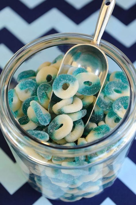 Preppy Whale Themed Birthday Party with Such Cute Ideas via Kara's Party Ideas KarasPartyIdeas.com #whaleparty #underthesea #partyideas #partydecor (13) Baby Shower Decoracion, Whale Baby Shower Theme, Gummy Rings, Whale Birthday Parties, Whale Cookies, Sailor Party, Whale Party, Whale Birthday, Whale Theme