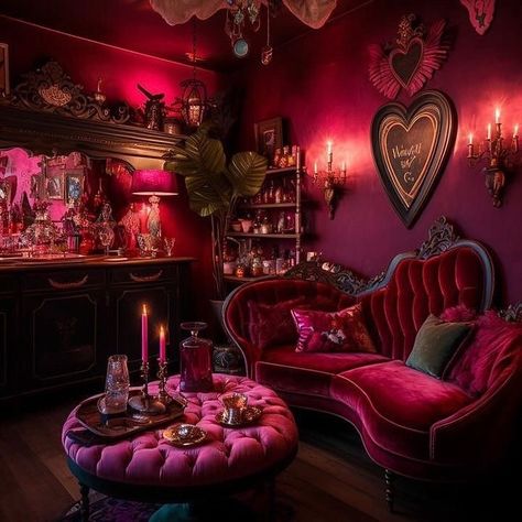 Pink Gothic Interior, Pink Gothic Home Decor, Coquette Room Furniture, Red And Pink Interior Design, Aesthetic Apartment Dark, Eclectic Romantic Decor, Whimsical Goth Bathroom, New Orleans Home Aesthetic, 90s Whimsigoth Room