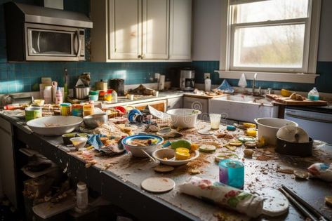 Messy kitchen with dirty counter tops and bowls of food on the counter. Generative AI royalty free stock images Messy Kitchen Aesthetic, College Kitchen, Food Business Ideas, Dirty Kitchen, Cooking App, Fancy Kitchens, Messy Kitchen, Zine Design, Food Business