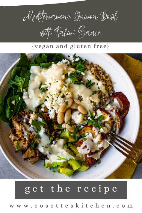 Mediterranean Quinoa Bowl with Tahini Sauce {vegan and gluten free} - Cosette's Kitchen Tahini Rice Bowl, Shrimp Tahini Bowl, Tahini Recipe Ideas, Tahini Bowl, Mediterranean Quinoa Bowl, Mediterranean Bowls, Lentils And Quinoa, Mediterranean Quinoa, Greek Quinoa Salad