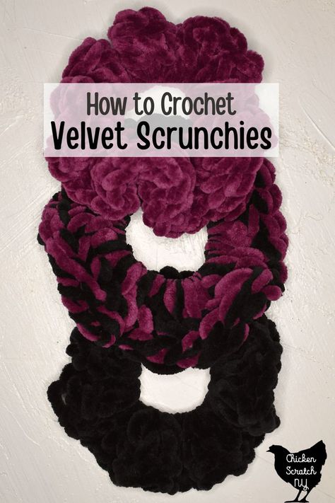 Velvet or Chenille yarn creates a delightfully squishy scrunchie that you’ll find yourself petting when it’s not holding back your hair. Just like Pringles, you can't stop at one! Just Chenille Yarn Patterns, Crochet Patterns Chenille Yarn, Crochet Chenille Yarn Patterns, Crochet With Chenille Yarn, Chenille Yarn Projects, Velvet Crochet Patterns, Crochet Chenille Yarn, Chenille Yarn Crochet Patterns, Hobby Challenge