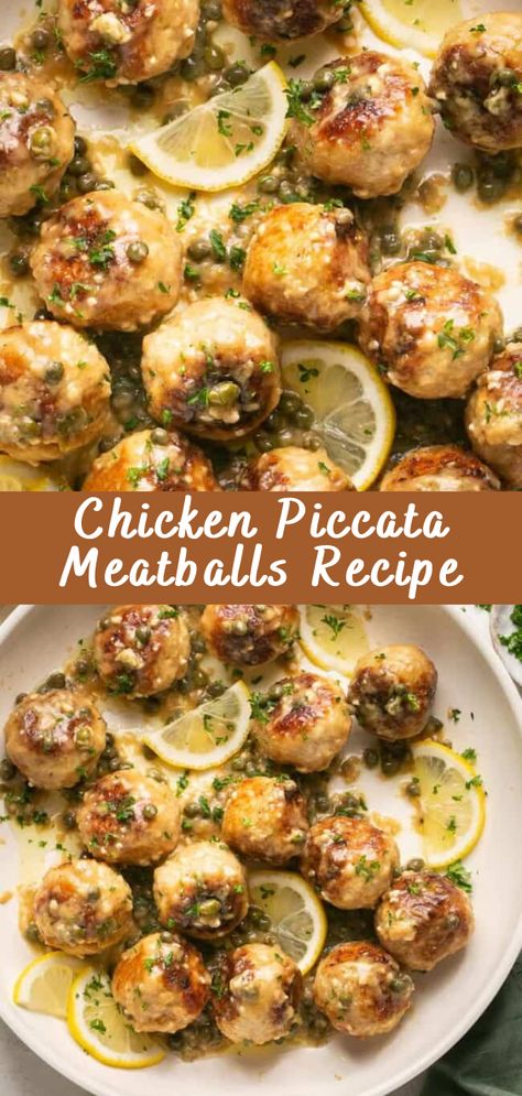 Chicken Piccata Meatballs Recipe | Cheff Recipes Chicken Meatballs Appetizer, Ground Chicken Balls, Chicken Palliards, Marry Me Chicken Meatballs, Recipes With Chicken Meatballs, Chicken Pacata, Chicken Franchise Meatballs, Chicken Picatta Meatball Recipe, Turkey Meatball Pasta